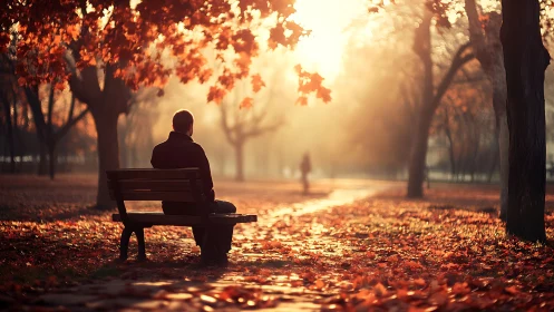 Solitary figure on bench in glowing autumn park sunset