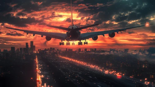 Wide-body airliner descends over luminous dusk city approach