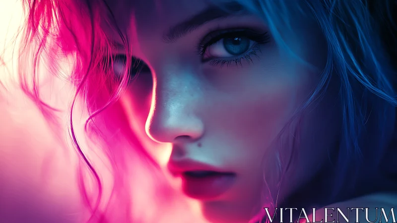 Neon-lit close-up portrait captures an enigmatic digital gaze