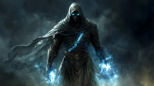 Hooded mage commands crackling blue arcane lightning power.