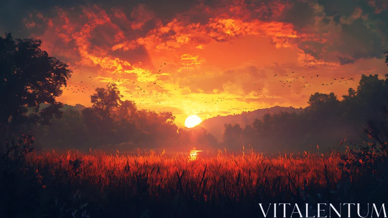 Fiery digital sunset over tranquil forest lake horizon.