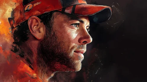 Warm portrait of a focused man in a red cap, lit by firelight.