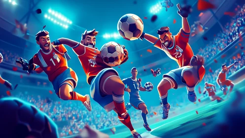Dynamic soccer strikers leap toward goal in vivid stadium scene.