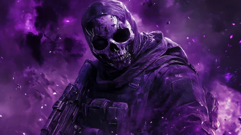 Tactical skull-masked soldier rendered in violet particulate haze