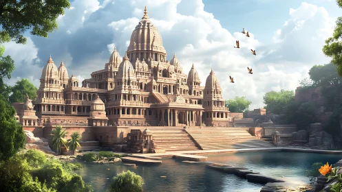 Sunlit riverside temple complex rises beside tranquil water.