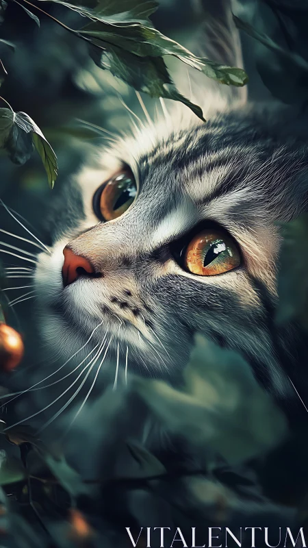 Amber-Eyed Cat Among Foliage: Hyperrealistic Digital Portrait.