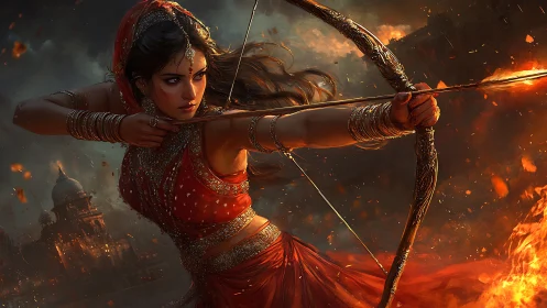 Warrior archer in red sari amid burning battlefield.