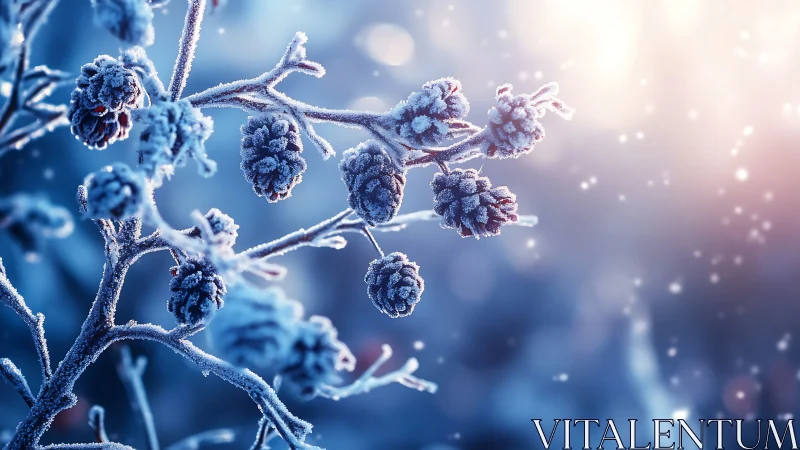 Frost covered conifer cones on branch in diffuse winter light.