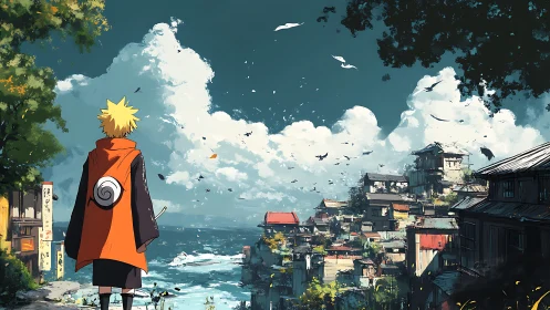 Figure in orange cloak surveys coastal town under clouded sky