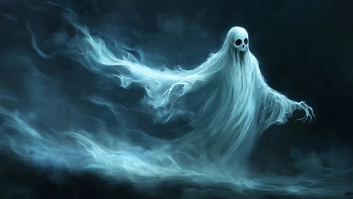 Translucent spectral figure in mist-filled dark environment.