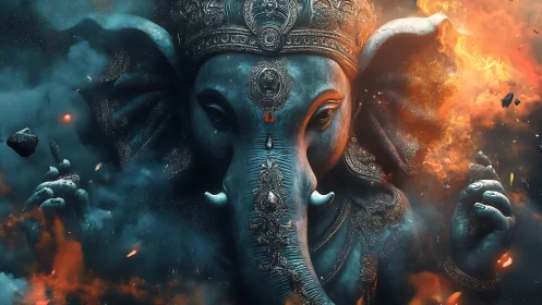 Divine elephant deity emerges from swirling cosmic fire