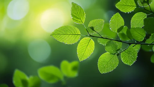 Fresh green leaves with morning dew drops in soft sunlight, nature photography.