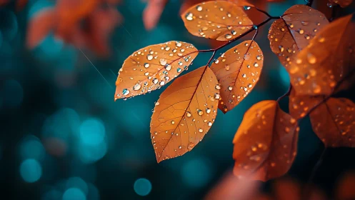 Macro study of rain-beaded orange foliage against teal bokeh.