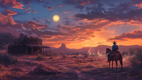 Cowboy on horseback surveys moonlit frontier homestead.