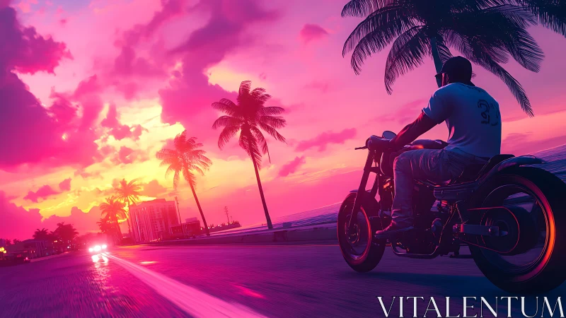 Motorcyclist rides neon highway under tropical sunset glow