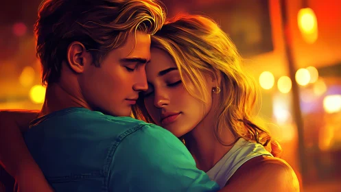 Digital Portrait: Intimate Couple with Warm Bokeh and Green/Gold Lighting