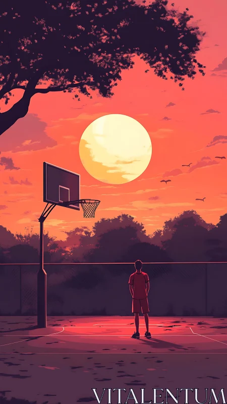 Sunset-lit outdoor court with solitary player observing horizon