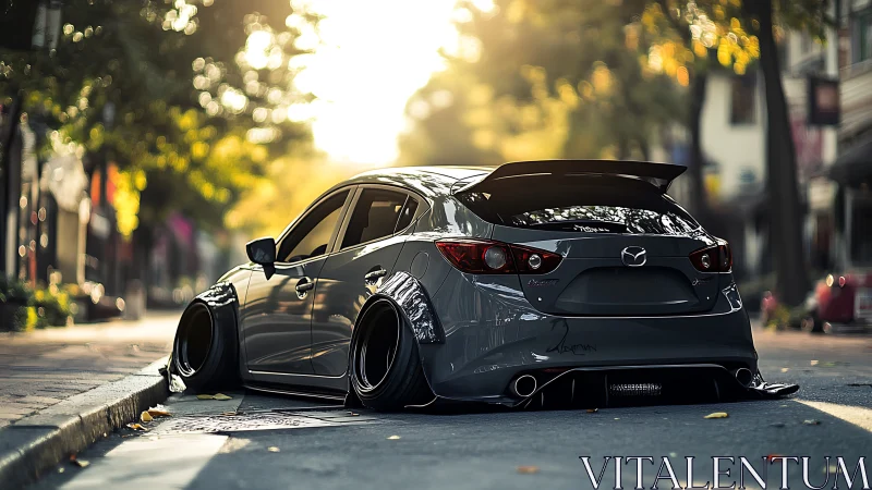 Stanced gray Mazda sedan under golden hour streetlight glow.