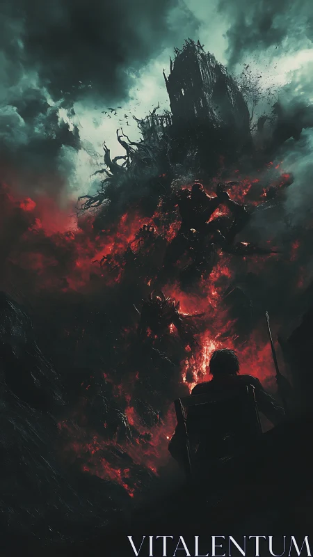 Warrior confronts towering hellfire demon below ruined citadel