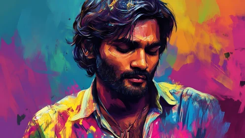 Chromatic digital portrait of pensive man in vivid neon spectrum