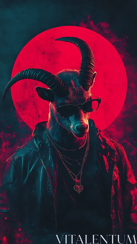 Cool horned goat humanoid in neon red moon glow.