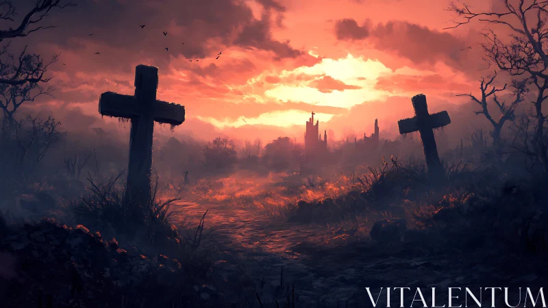 Sunset-lit graveyard path wrapped in quiet, eerie warmth.