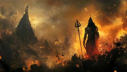 Fiery mountain temple and lone divine warrior at dusk.