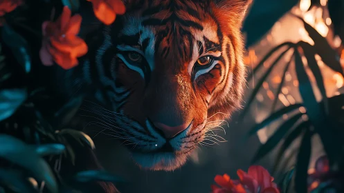 Digital painting of tiger portrait in luminous jungle chiaroscuro.