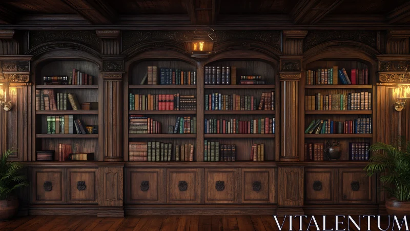 Velvet-lit mahogany library wall cradling timeless stories.