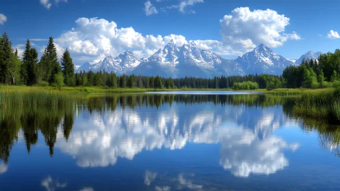 Snowcapped mountains rise over a glassy lake in clear light