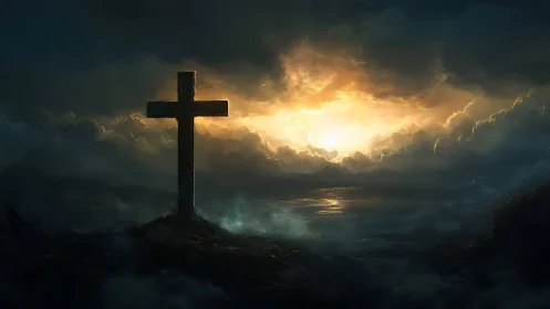 Solitary hilltop cross glowing against a peaceful dawn sky.