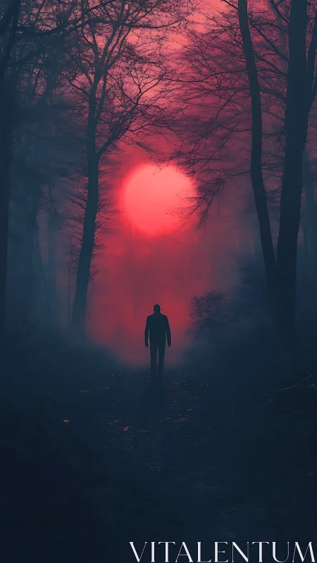 Cinematic digital painting of lone figure in crimson forest haze.