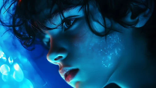 Side-lit portrait in cyan bioluminescent glow, shallow focus