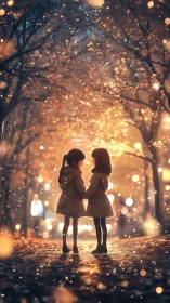 Childhood friends under glowing autumn park lights.