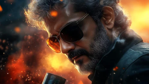 Smoldering rebel in sunglasses framed by cinematic firestorm.