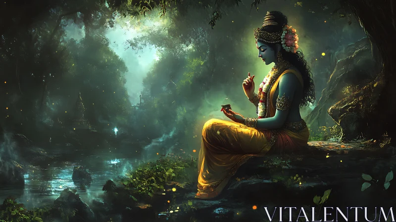 Forest deity pauses by misty river and converses with light