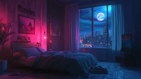 Neon lit bedroom with moonlit cyberpunk city skyline.