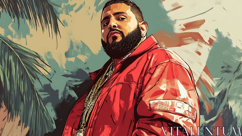 Digital portrait of man in red jacket with palm backdrop.