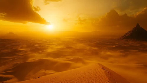 Golden desert sunset over dunes and distant mountains.