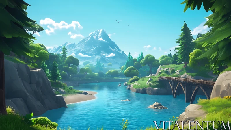 Stylized mountain river valley with timber bridge and pines