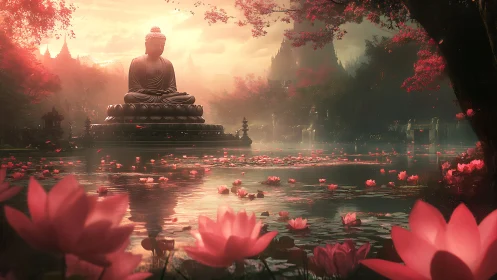 Buddha statue overlooks reflective lotus pond at sunset