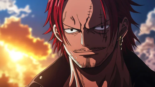 Scarred red haired anime pirate in sunset backlight portrait