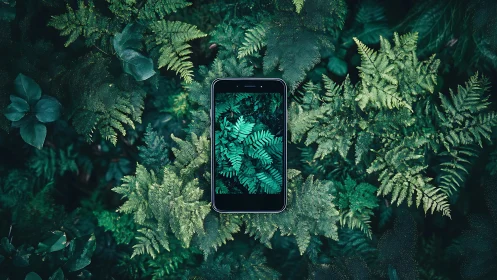 Smartphone centered among dense foliage capturing botanical imagery