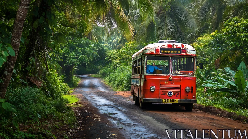 Red rural bus driving on wet road through dense greenery.