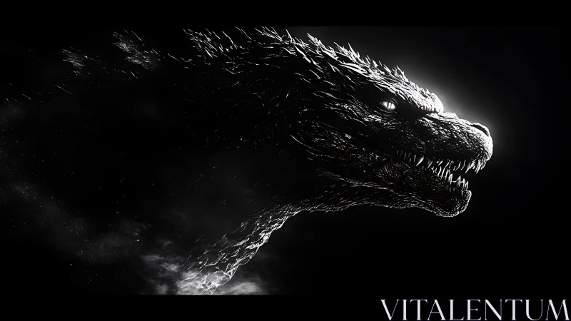 Shadow-lit dragon profile glowing in dramatic monochrome.