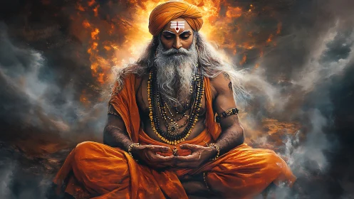 Meditating Hindu sage glows amid swirling celestial fire.