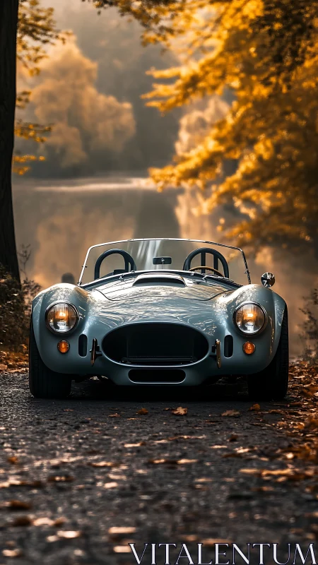 Classic roadster on forest lane in soft autumn light.