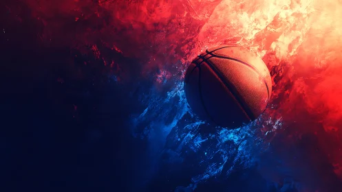 Basketball floating in red and blue abstract light field.