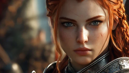 Photorealistic red‑haired warrior portrait with steel armor.