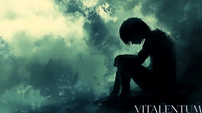 Silhouetted figure seated against diffuse cloudy backdrop.